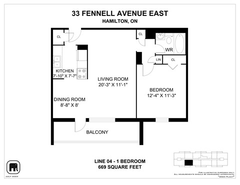 Floor plan for 1 bed, 1 bath, 669 sqft